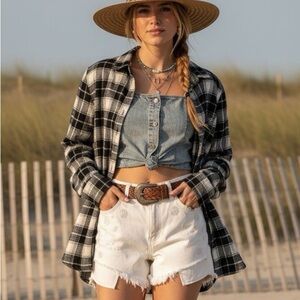 NWT ANTHROPOLOGIE CURRENT AIR Navy & White Plaid Button Up w Embroidered Back XS